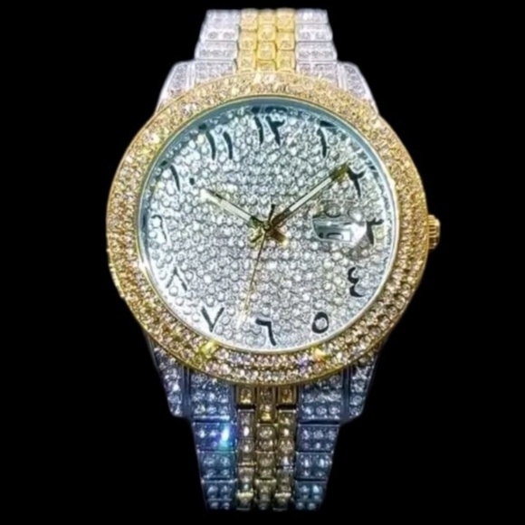 Mens Two Tone Full Ice Waterproof Arabic Numeral Bling Simulated Diamond Watch - Picture 1 of 12